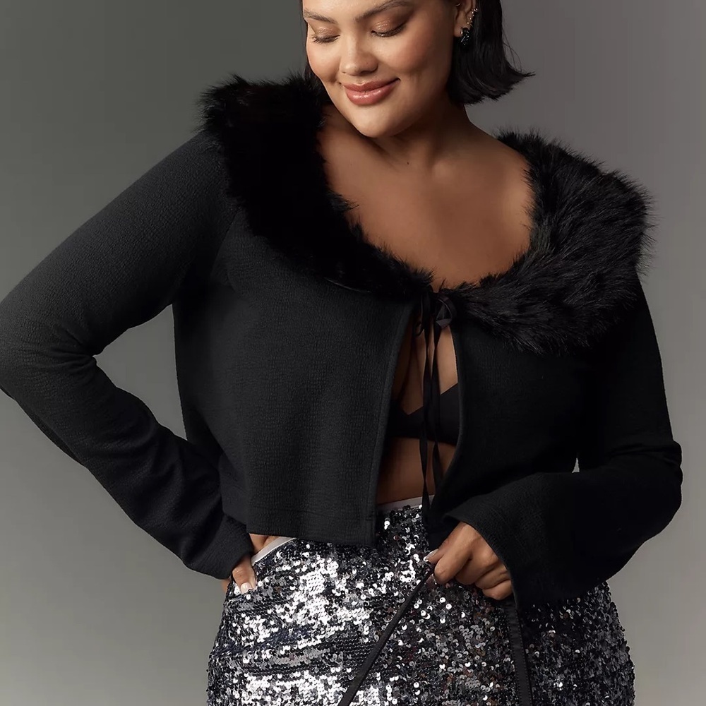 Anthropologie Maeve Faux-Fur Collar Crop Cardigan Sweater